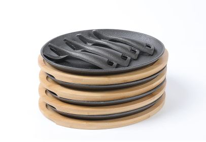 HAWOK Cast Iron Fajita pan with Bamboo Tray and Handle Set of 4