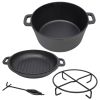 3 in 1 Pre-Seasoned Cast Iron Dutch Oven, Outdoor Camping Deep Pot, 5 Quart. Cover As A Skillet with Ribbed Bottom Design. With 1PC Iron Pot Rack, 1P