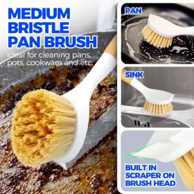 3 Pack Dish Brush Set with Bamboo Handle, Kitchen Brushes for Cleaning Pot, Sink and Stove, Skillet Scrubber with Tough Bristles for Cast Iron Grill