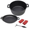3 in 1 Pre-Seasoned Cast Iron Dutch Oven, Outdoor Camping Deep Pot, 5 Quart. Cover As A Skillet with Ribbed Bottom Design. With 2pcs Silicone Handel