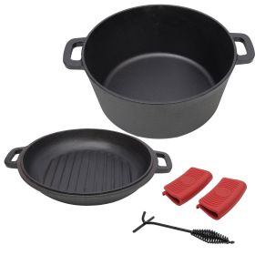 3 in 1 Pre-Seasoned Cast Iron Dutch Oven, Outdoor Camping Deep Pot, 5 Quart. Cover As A Skillet with Ribbed Bottom Design. With 2pcs Silicone Handel