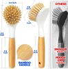 3 Pack Dish Brush Set with Bamboo Handle, Kitchen Brushes for Cleaning Pot, Sink and Stove, Skillet Scrubber with Tough Bristles for Cast Iron Grill