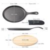 HAWOK Cast Iron Fajita Plate Sizzler Pan Set with Bamboo Tray and Handle Holder, Set of 12, Pre-seasoned Cast Iron Skillet with Bamboo Base and Handl